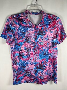 Soneven Top Size M  V-Neck Short Sleeve Golf Shirt - Pink & Blue Floral